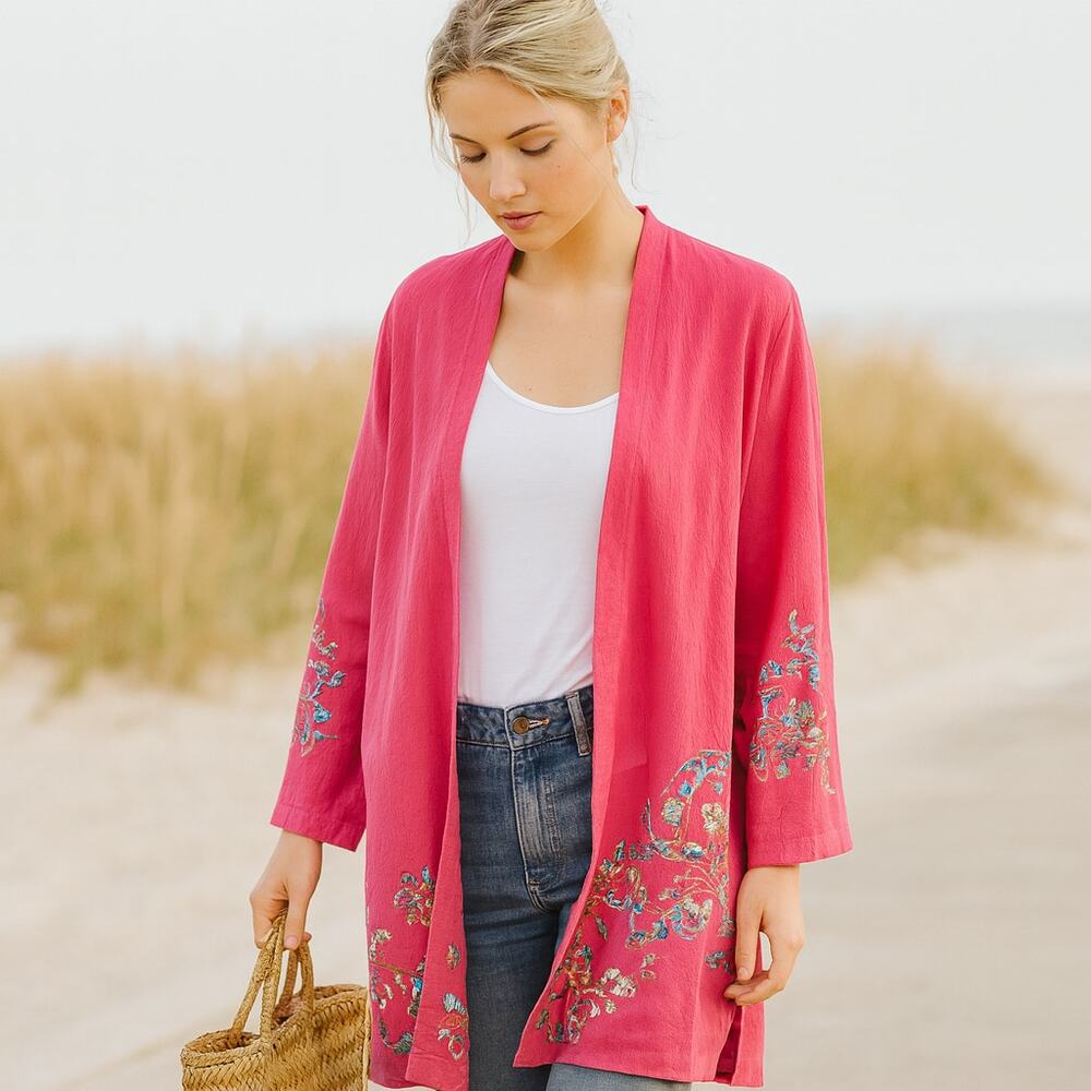 Dusty Red Floral Embroidered Kimono Beach Cover Up One Size‎